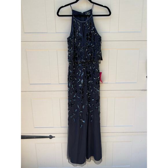 NWT Adrianna Papell Navy Twilight Floral Beaded Halter Floor Length Dress Sz 10 - Picture 2 of 13